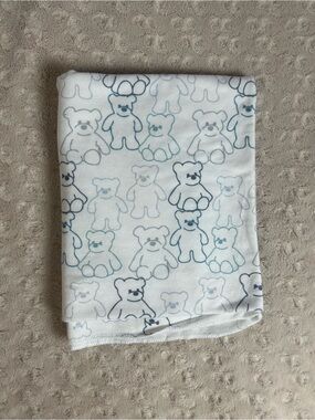 Toby Blue White Teddy Bear Baby Swaddle Blanket Stretchy Gray Thin